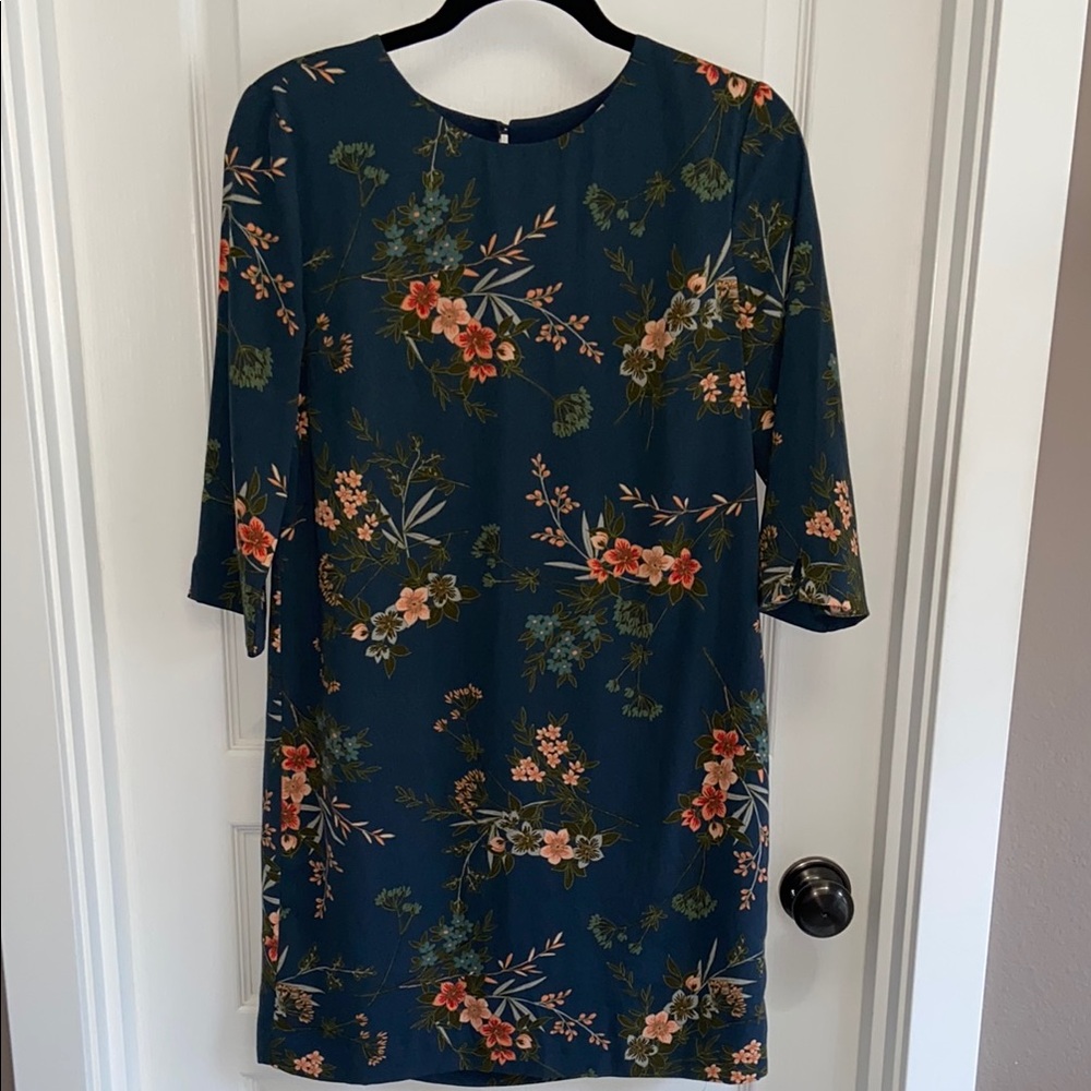 Banana Republic Floral Print Sheath Dress 3/4 Sleeves Fully Lined Teal Navy Blue